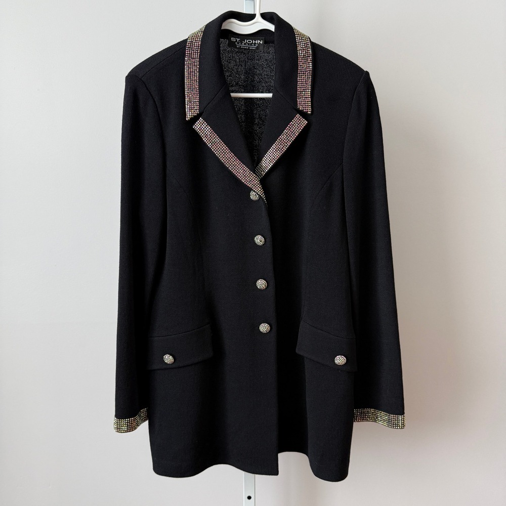 St‎ John Evening Marie Gray Black Knit Blazer Rhinestone Lapel Cuff Buttons